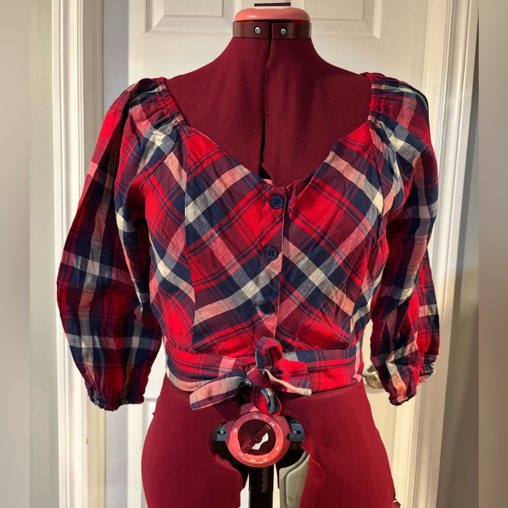 Angie cropped Red and Blue Plaid Blouse